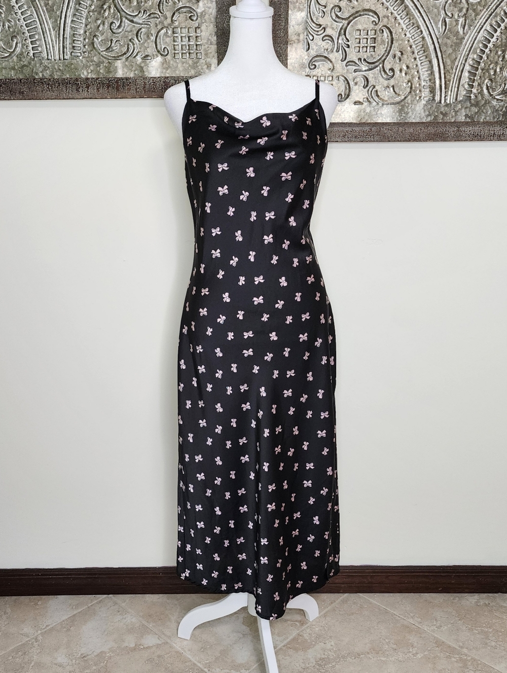Arden B Black Satin Pink Bow Drape Neck Midi Slip Dress Med Romantic Balletcore